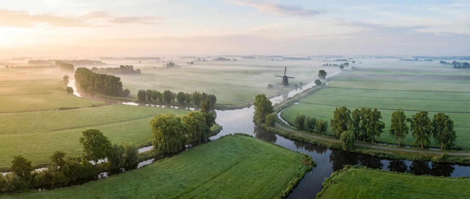 Rustig Hollands ochtendlandschap met groene velden en lichte mist