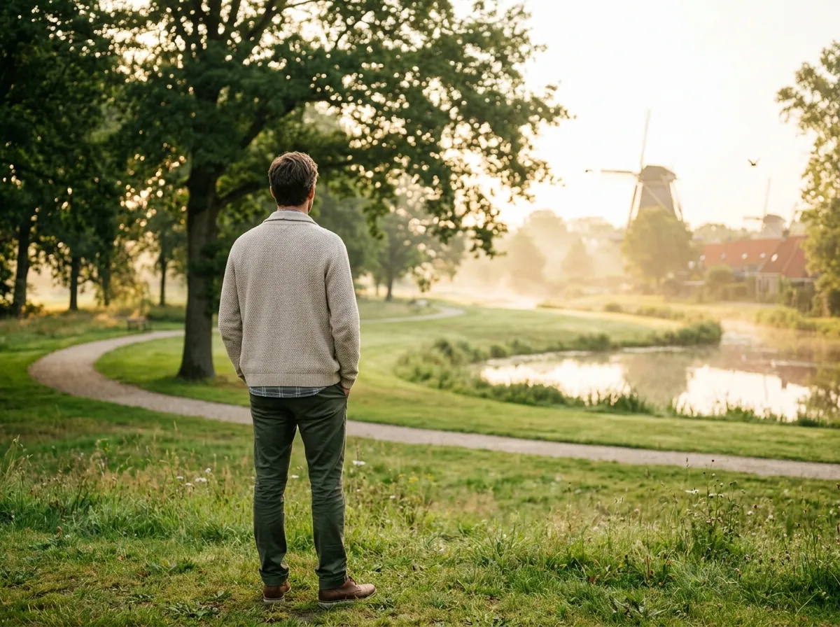 Anonieme man van achteren kijkend over een groen park in ochtendlicht