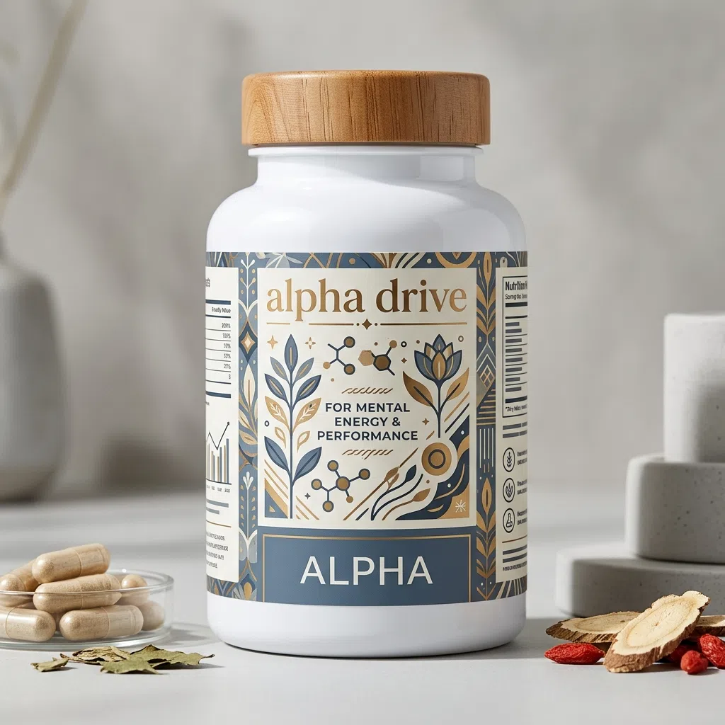 Alpha Drive supplement pot, wit met lichtblauw-wit etiket