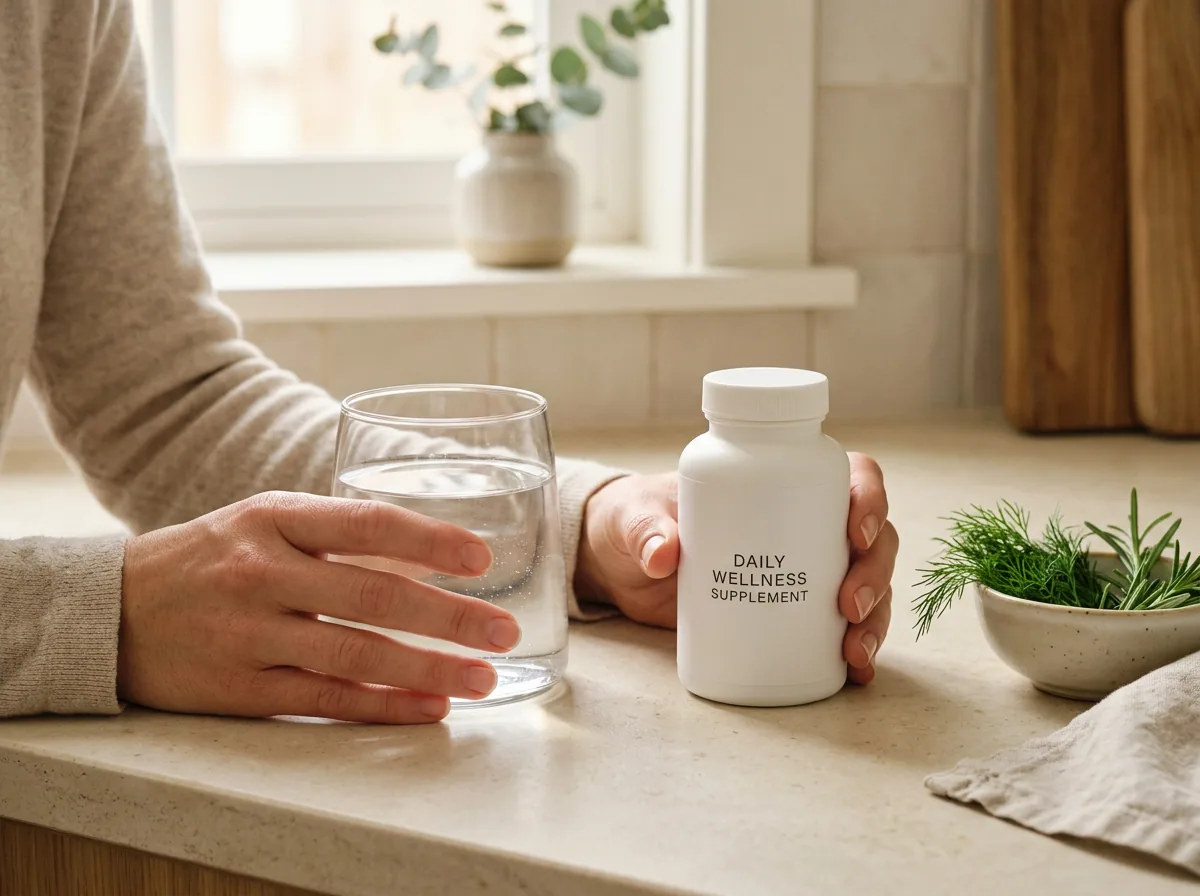 Handen houden glas water vast naast witte supplementenpot in ochtendlicht